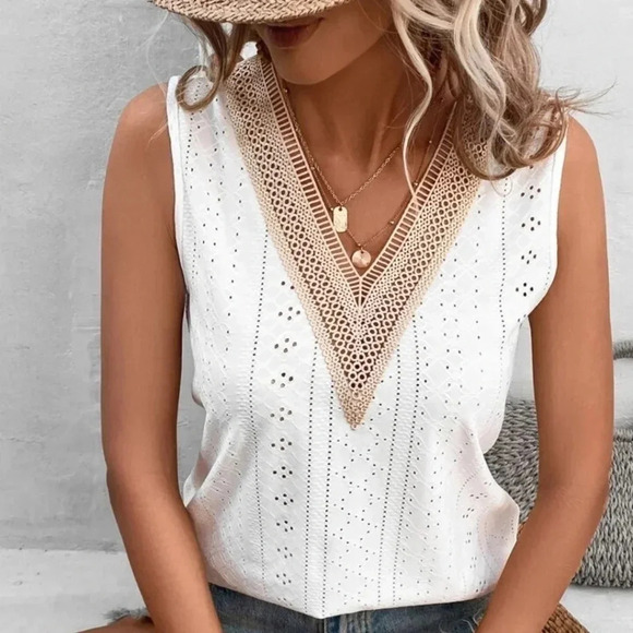 Guipure Lace Panel Eyelet Embroidery Tank White Top - Picture 5 of 5